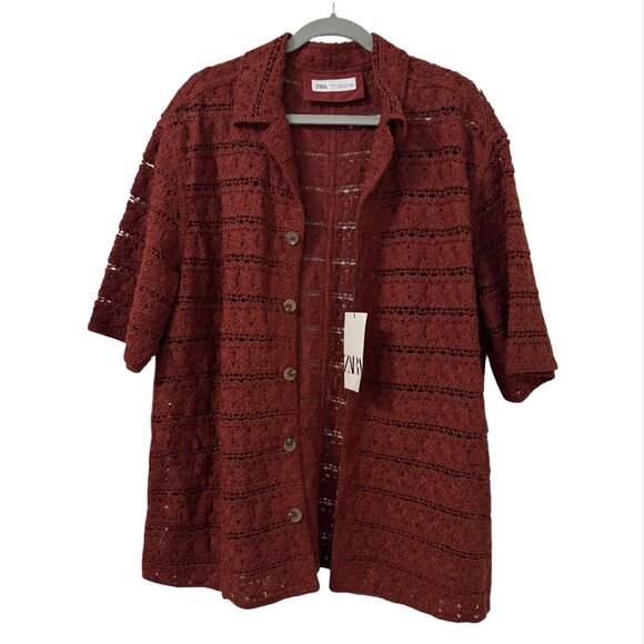 Zara Crochet Button Up Shirt Mens XL Rust Brown Vacation Travel Resort Wear - Picture 1 of 6